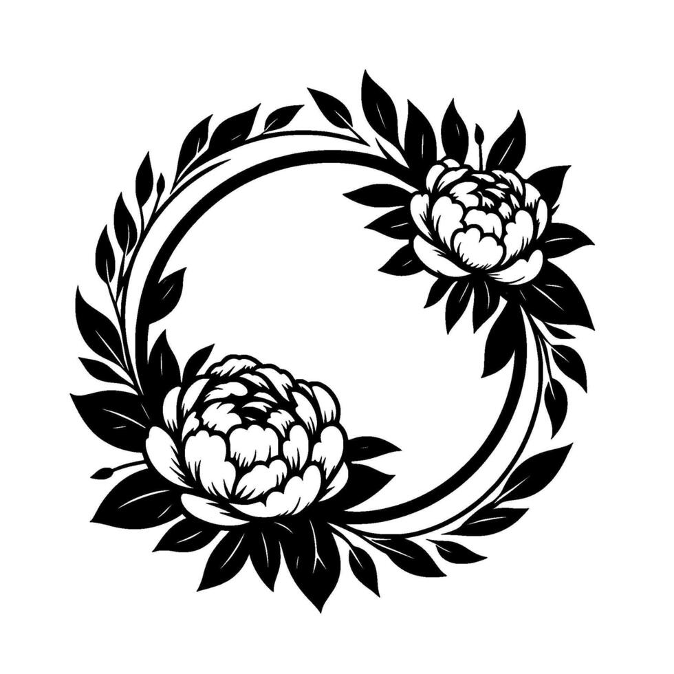 Elegant black and white circular floral frame two peonies and leaves, minimalist design. vector