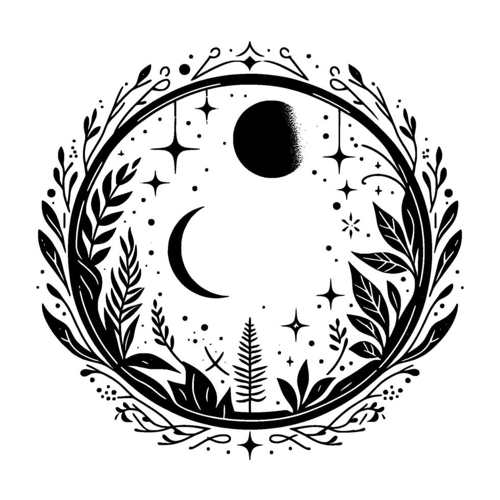 Celestial garden a black and white circular illustration of a crescent moon, stars, a full moon, and foliage, evoking a mystical atmosphere. vector