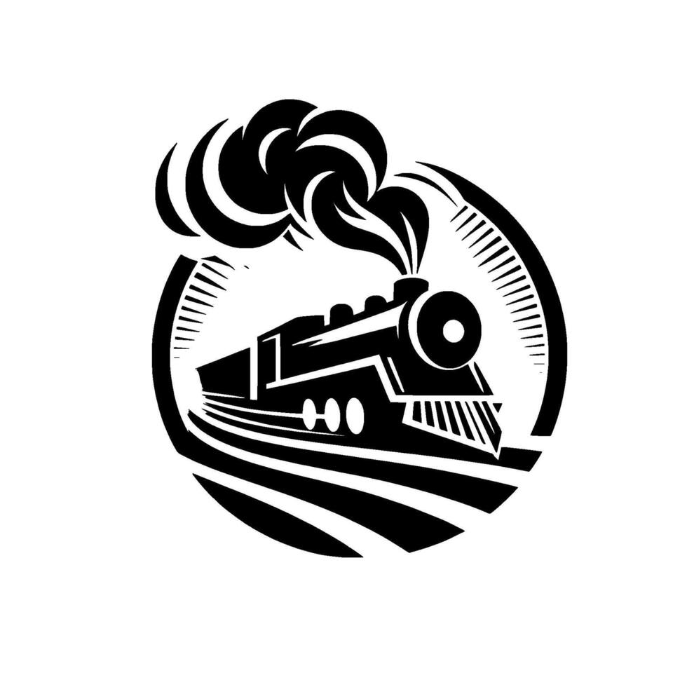 Classic steam locomotive in a circular emblem with tracks, smoke, and a bold black white design. vector