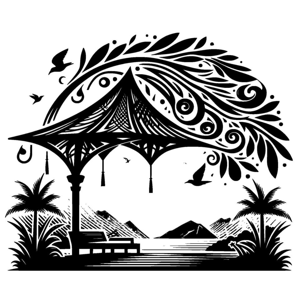 Black and white minimalist illustration gazebo with ornate foliage canopy, lakeside view, birds, and palm trees. vector