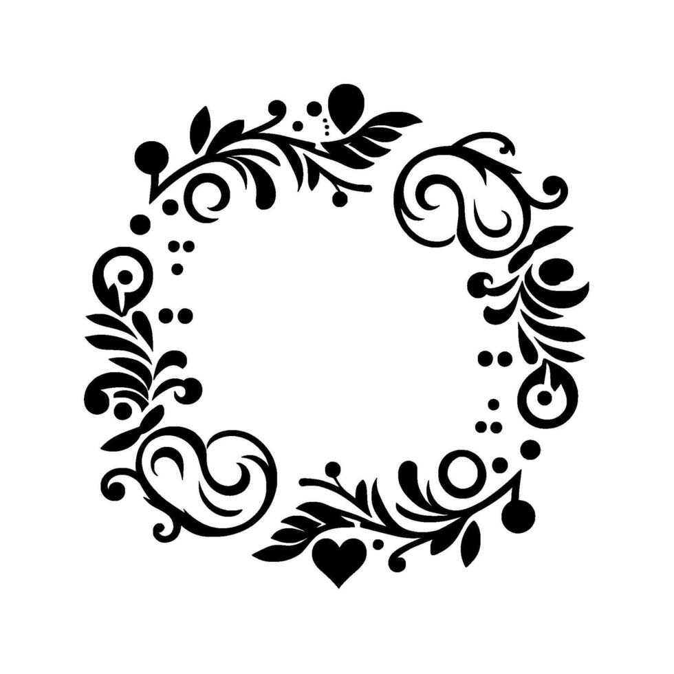 Elegant circular black and white floral wreath featuring swirls, dots, leaves and a heart. vector