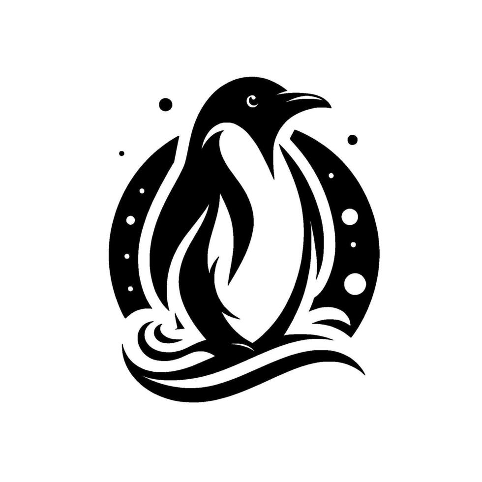 Bold black and white penguin silhouette within a circle, waves, and dots, a modern vector