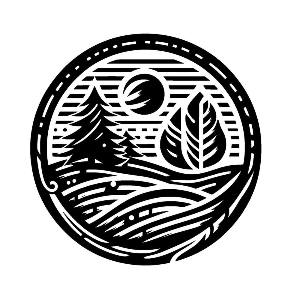 Intricate circular emblem depicting a stylized forest landscape with trees, sun, hills, and a unique papercut effect. vector