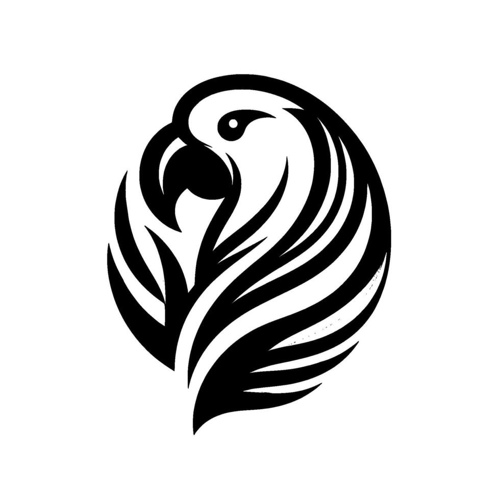 Black and white stylized parrot design, featuring a sleek, minimalist depiction of a birds head and body in an oval shape. vector