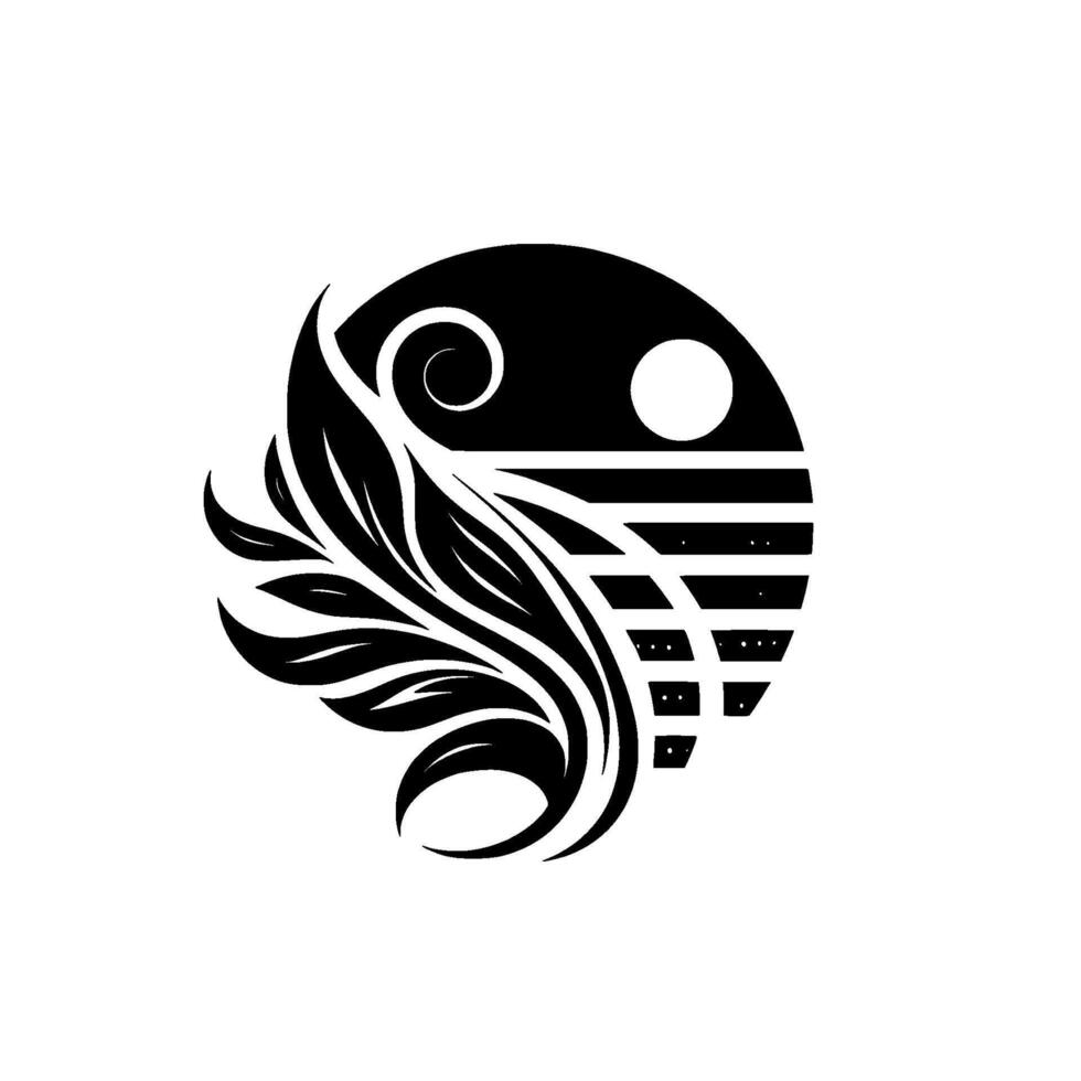 Black and white circular emblem featuring stylized foliage merging with a geometric landscape, and a moon, minimalist vector