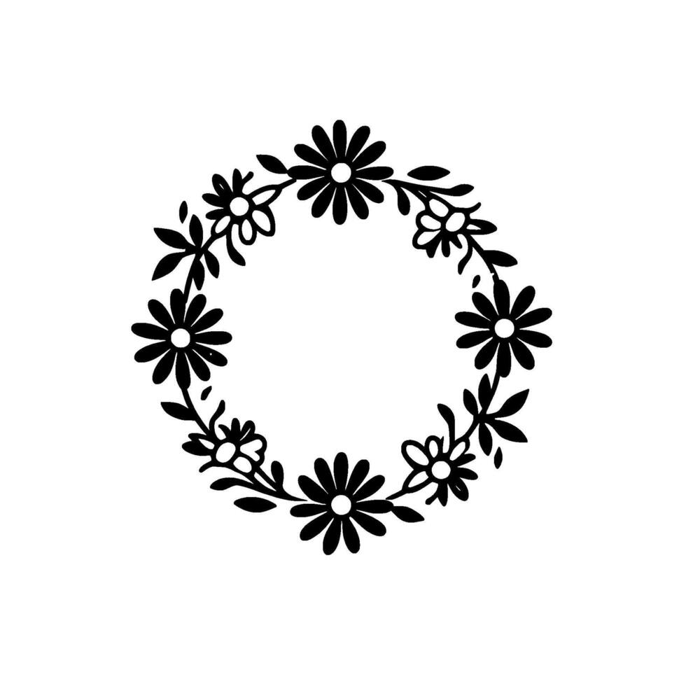 Stylized black and white floral wreath with daisies and leaves, ideal for wedding invitations, emblems. vector