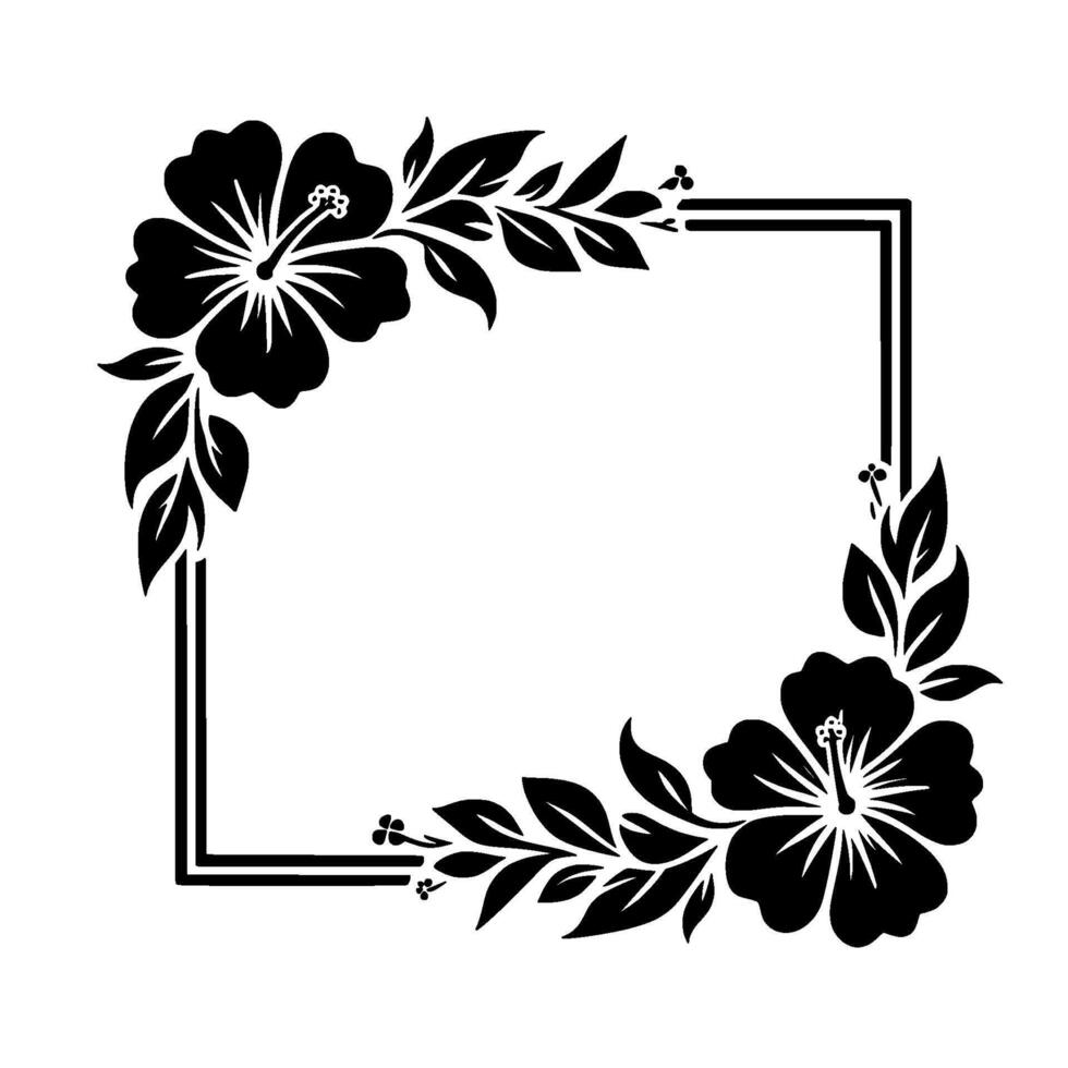 Elegant black and white floral frame hibiscus and leafy vines adorning a square border on a white background. vector