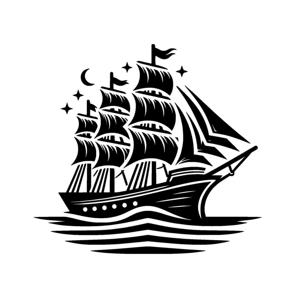 Elegant silhouette of a black sailing ship under a starry night with crescent moon on wavy waters, artistic monochrome illustration. vector