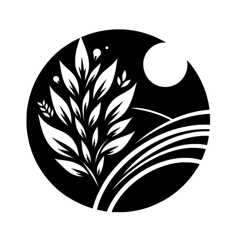 Stylized monochrome illustration a leafy plant, fields, and sun inside a circle, conveying a sense of nature and tranquility. vector