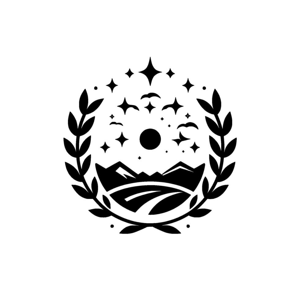 Stylized black white emblem mountains, moon, stars, birds, laurel wreath, and serene scenic road. vector