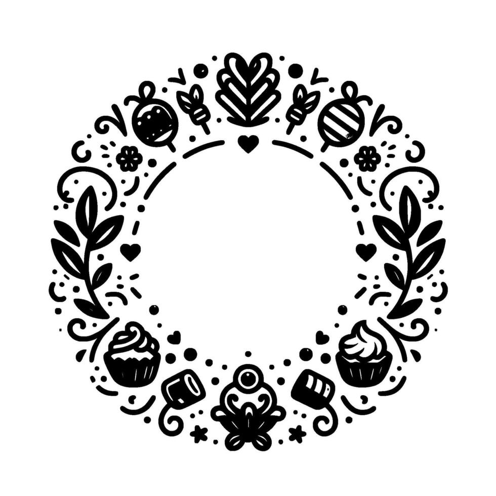 Black and white circular decorative frame with floral and dessert elements, including cupcakes, hearts, and ornate designs on a white background. vector