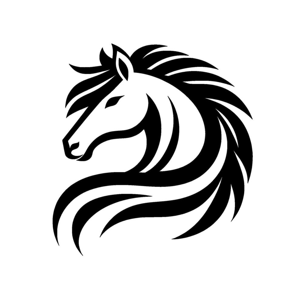 Sleek, minimalist black and white horse head silhouette with flowing mane, elegant on a white background. vector