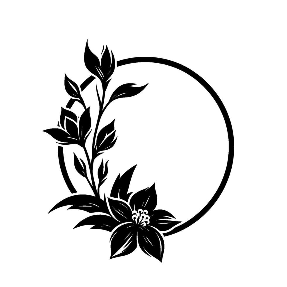 Elegant black white floral design a flower and foliage embellished circle frame illustration. vector