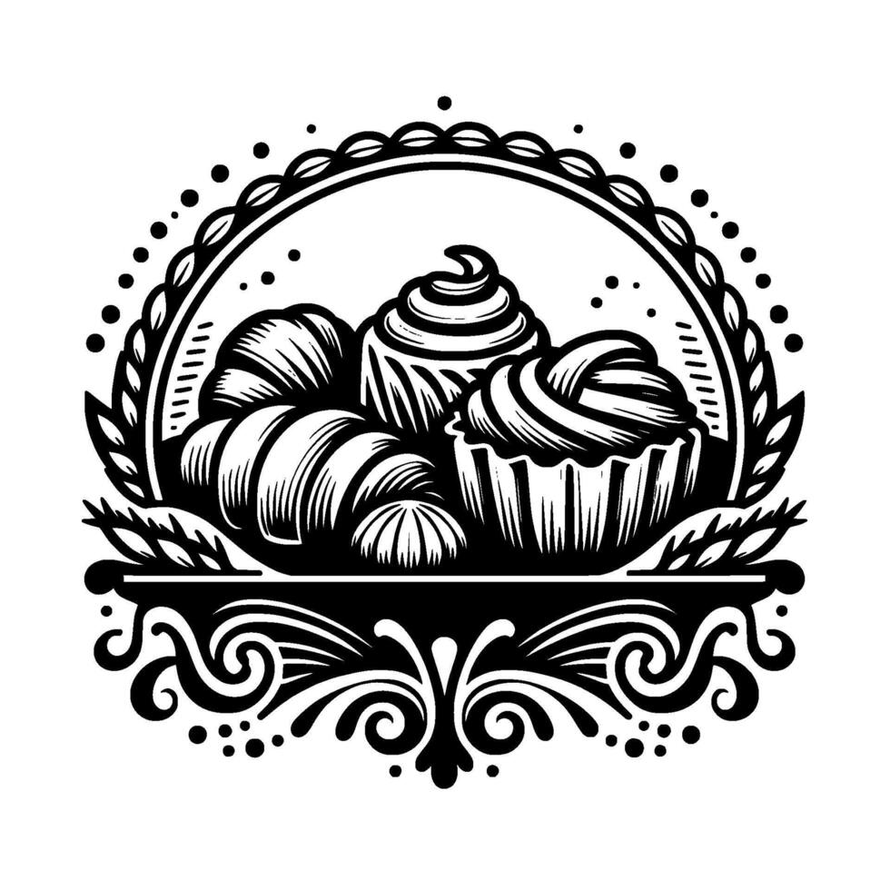 Elegant black and white bakery emblem featuring croissants, cupcakes, and decorative flourishes within an ornate, circular frame. vector