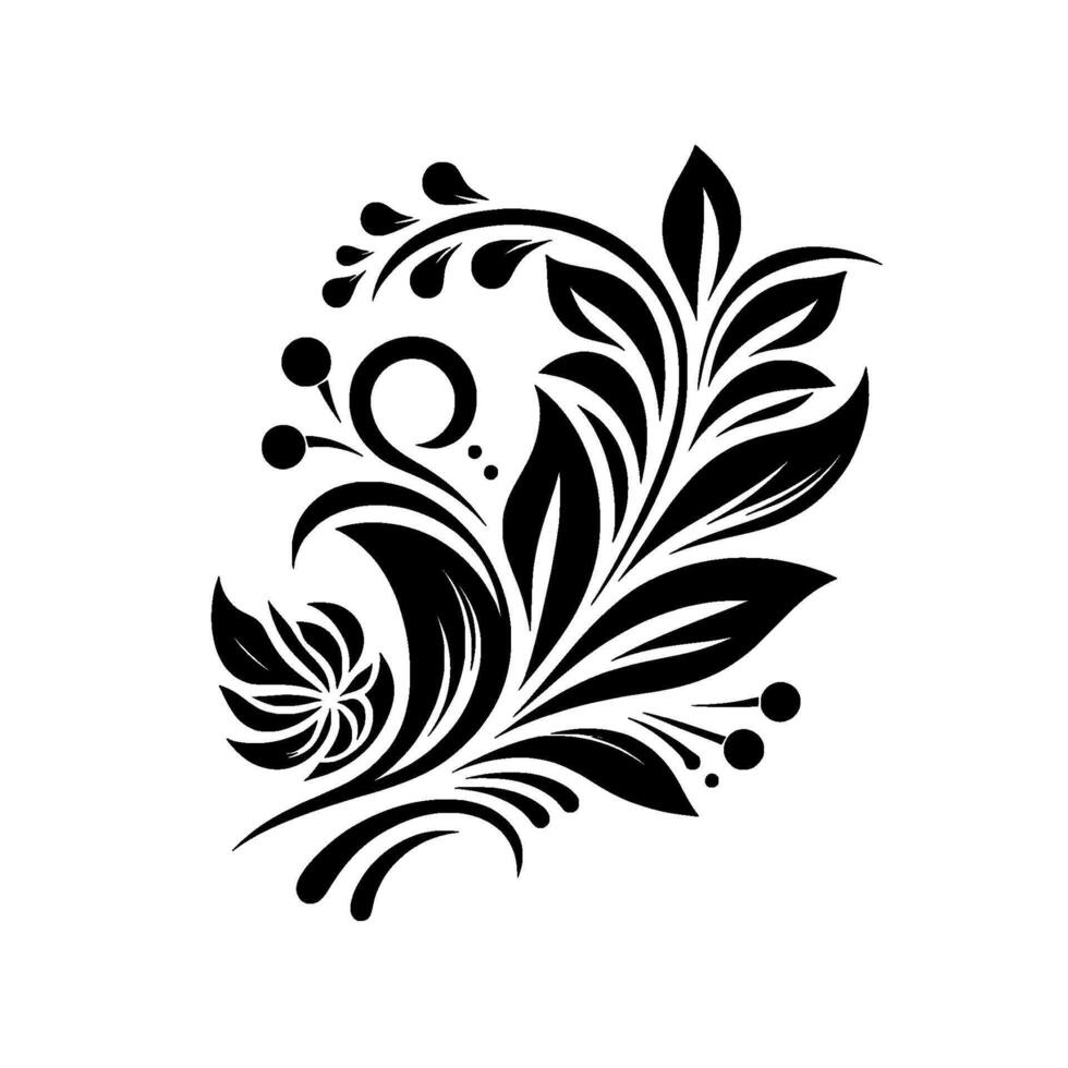 Elegant black floral design, swirling leaves and berries, symmetrical pattern, minimalist aesthetic, on clean white background, perfect for vector