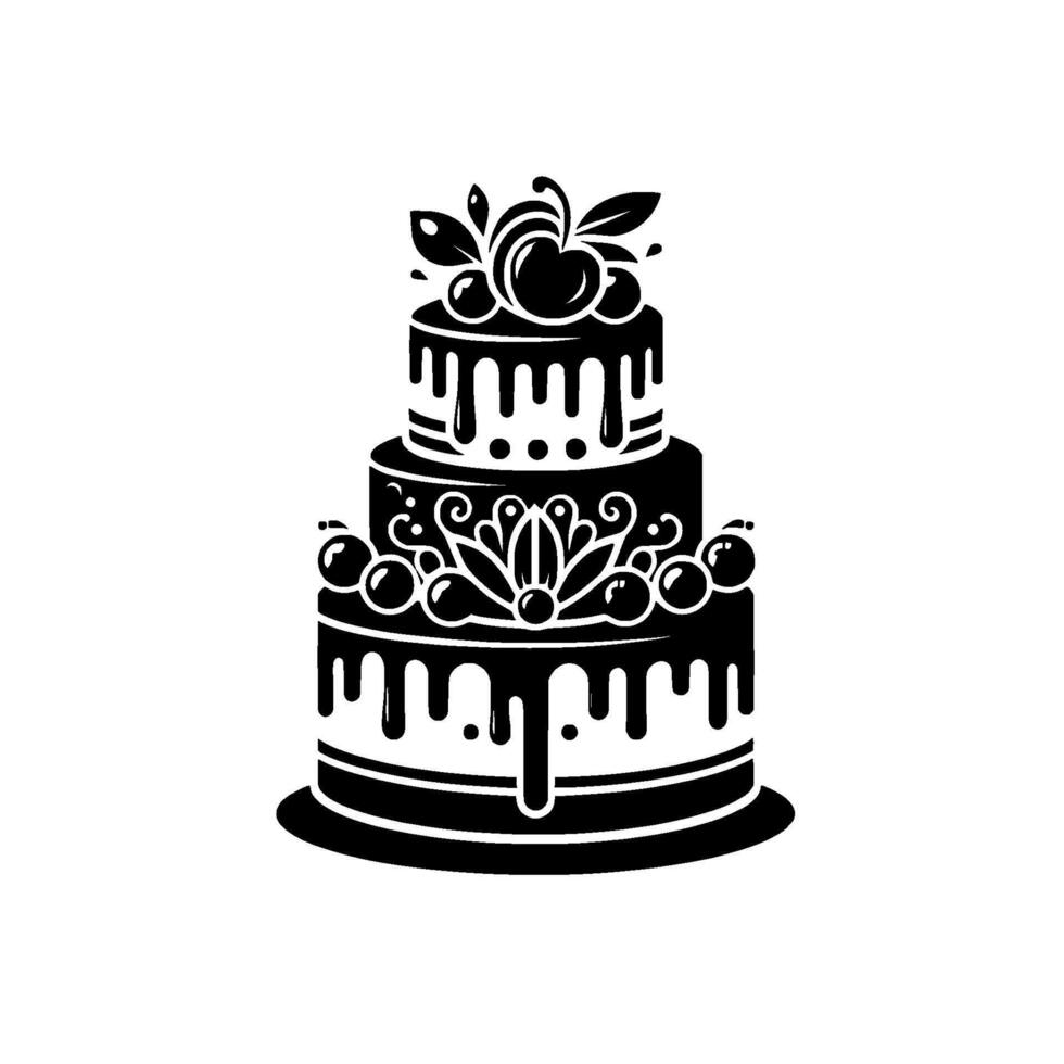 Elegant threetiered black and white cake with cherry topping, drip frosting, ornate decorations, and a clean, minimalist aesthetic. vector