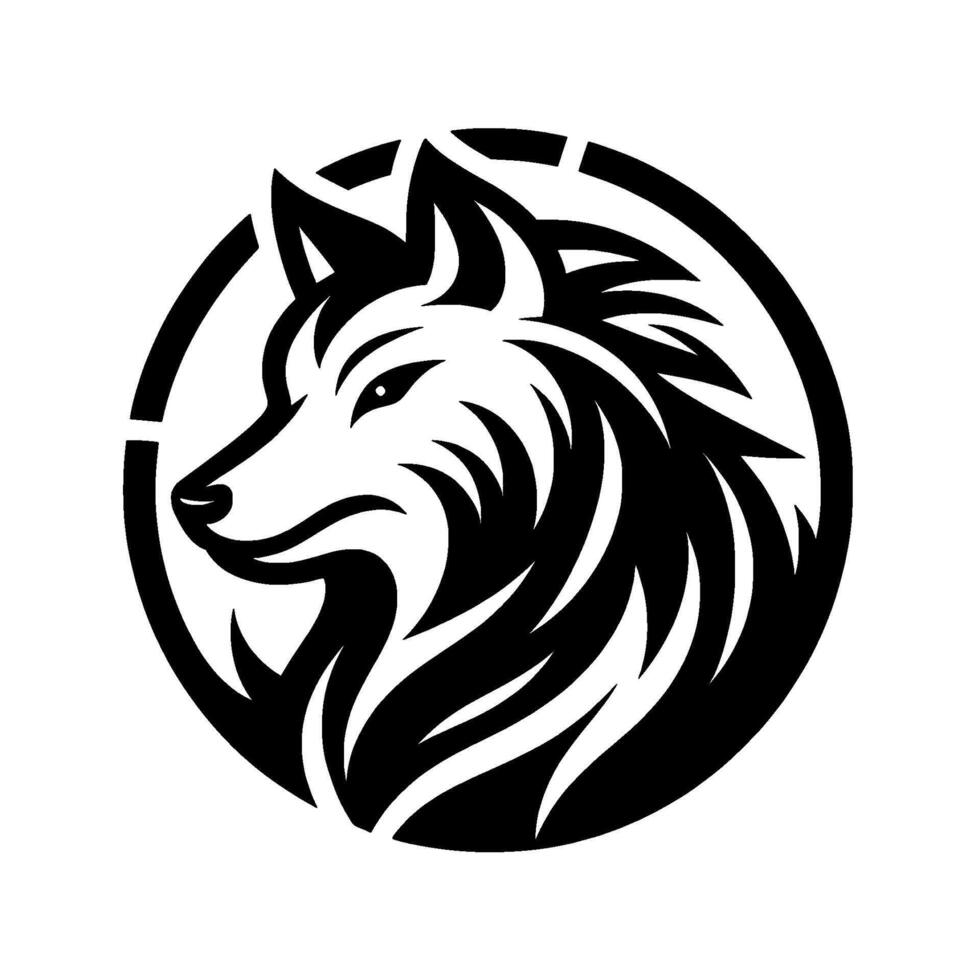 A minimalist black and white stylized wolf head logo, centered within a circular frame, embodying strength and wildness. vector