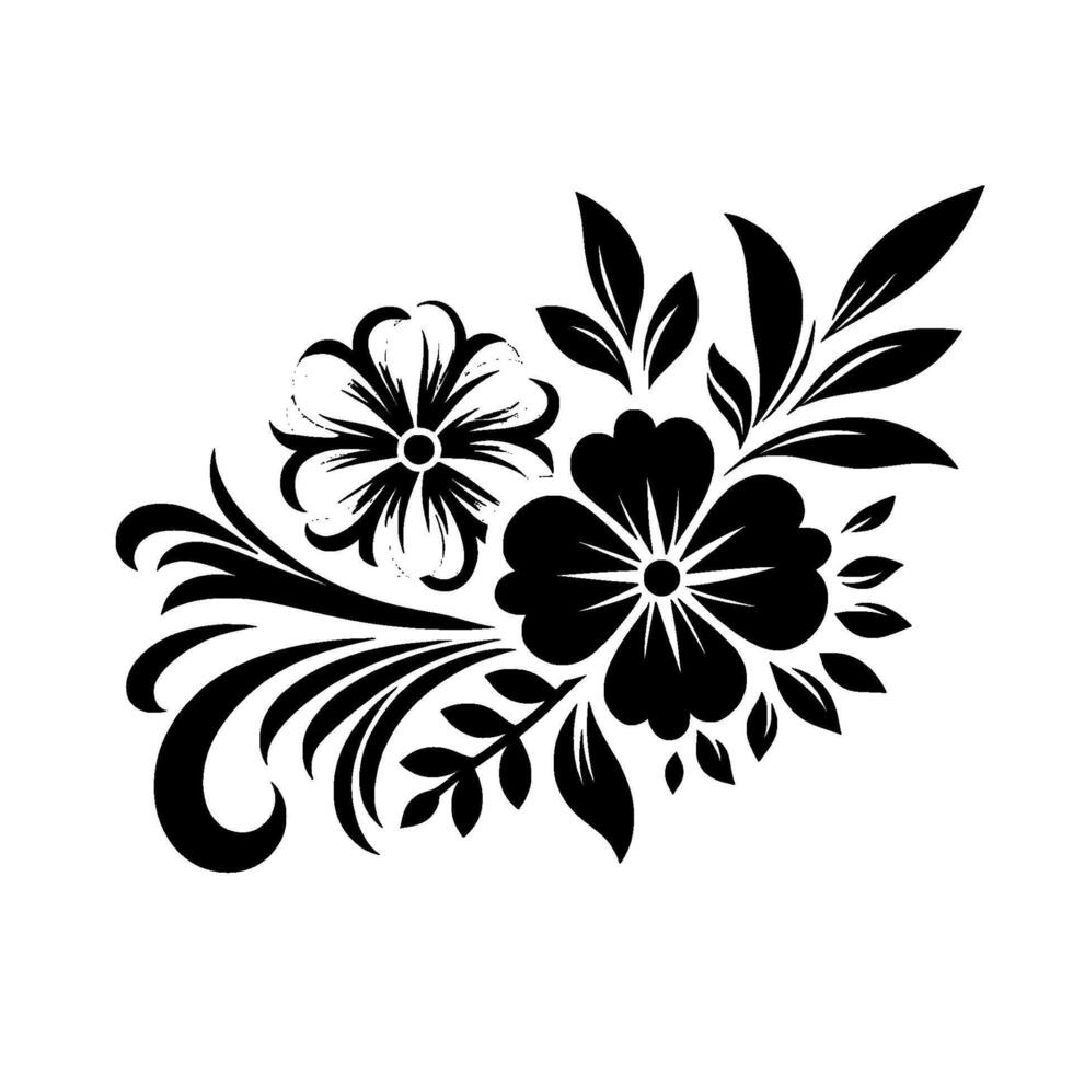 Monochromatic floral arrangement bold black petals, grey accents, flowing vines, and leafy details on a white background. vector