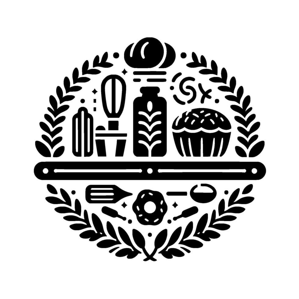 Circular black and white minimalist illustration of baking elements chefs hat, whisk, muffin, ingredients, and utensils, framed by laurel leaves. vector