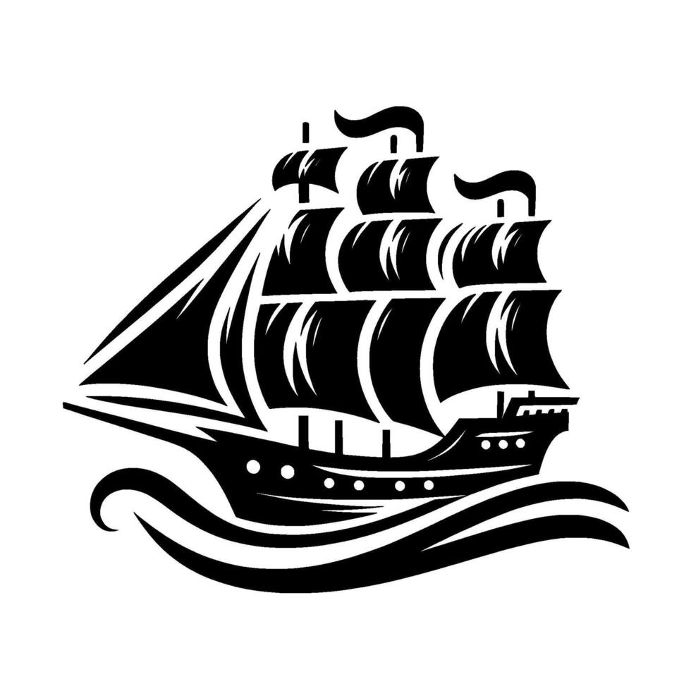 Silhouette of a classic sailing ship with full sails on choppy waves, monochromatic, nautical theme vector