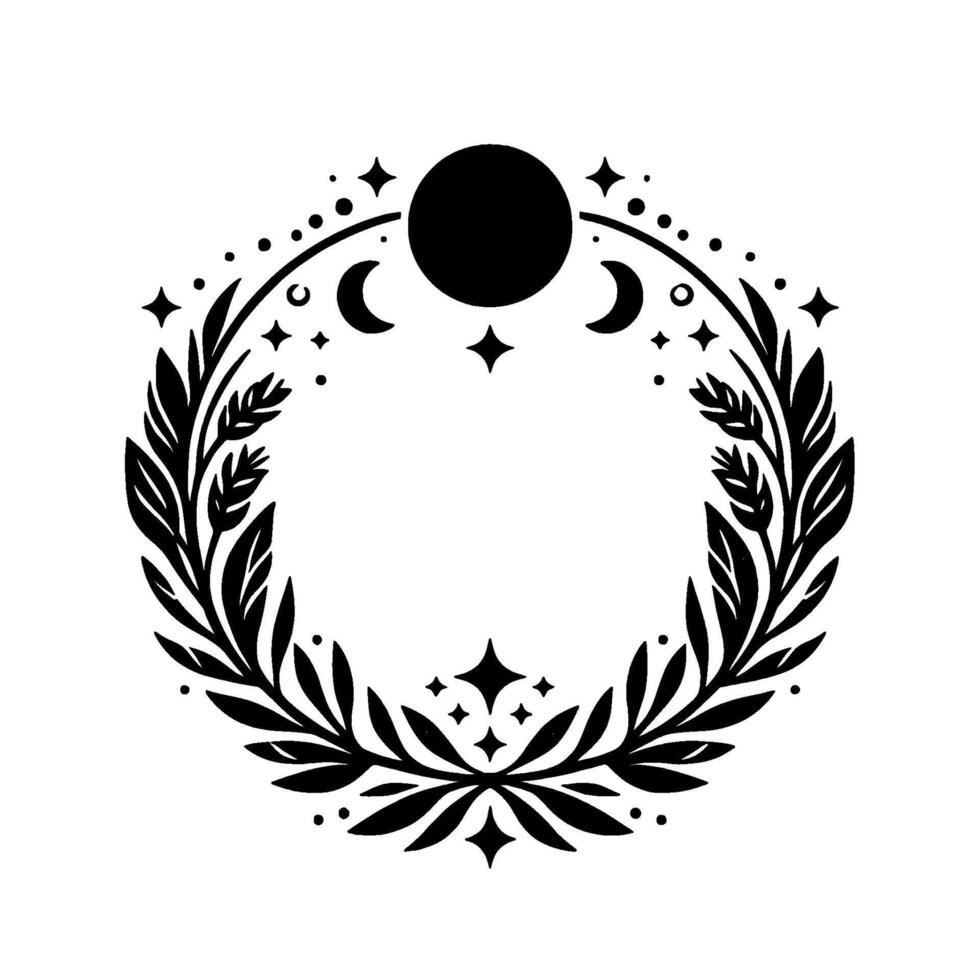 Intricate black and white celestial wreath moon, stars, and leafy branches, decorative circular design. vector