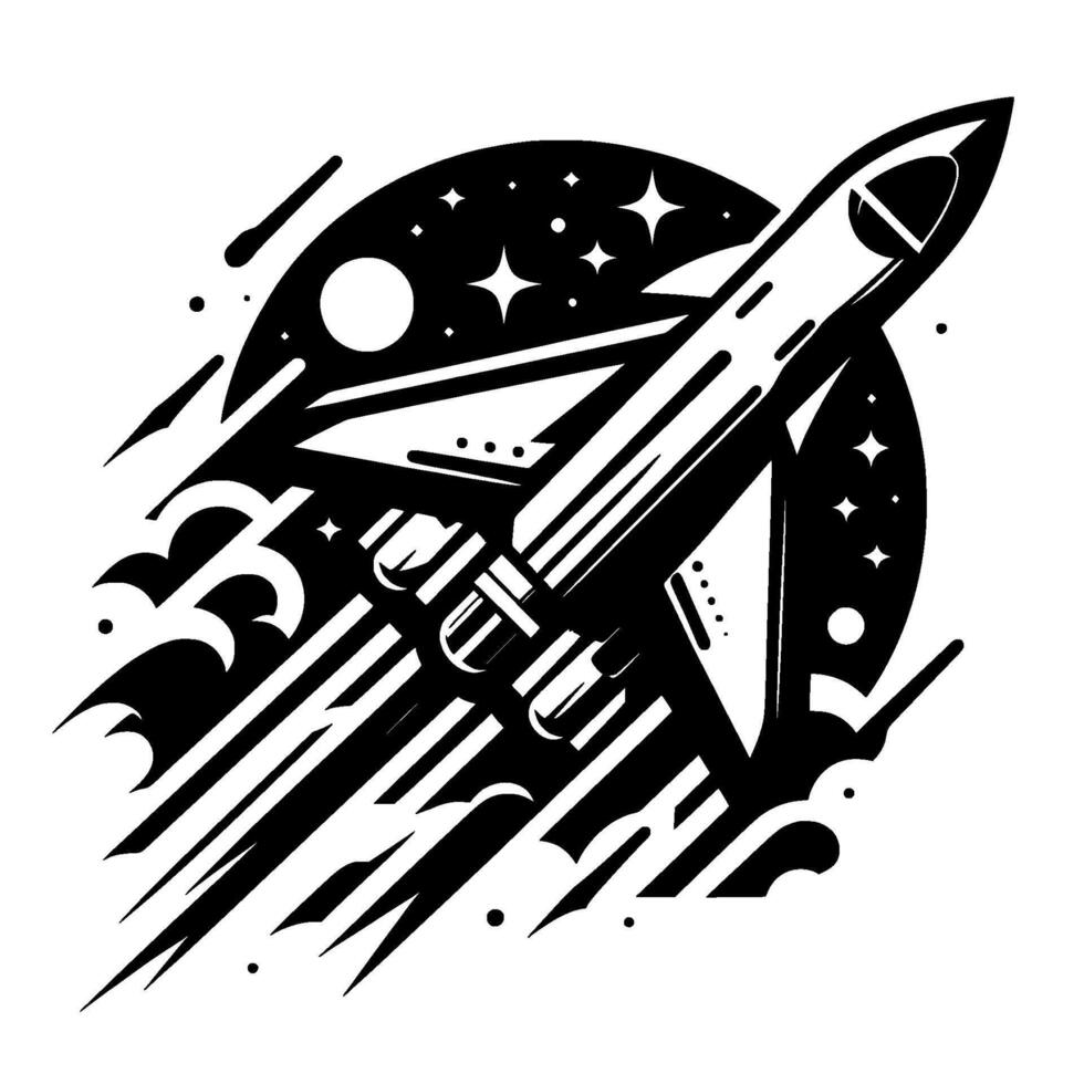Black and white art of a rocket ship blasting off against a starfilled galaxy, with stylized clouds. vector
