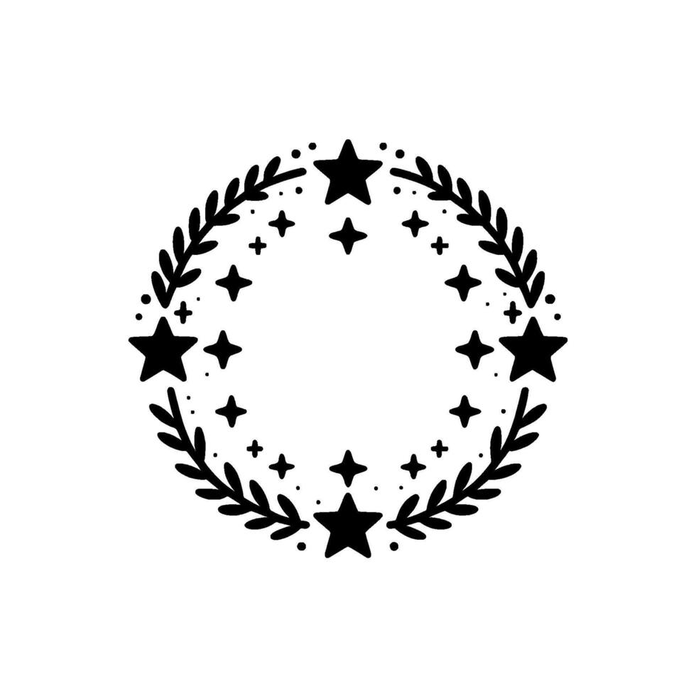 Black and white circular wreath with leafy branches, stars, and crosses arranged symmetrically, evoking a minimalist, festive, and celestial feeling. vector