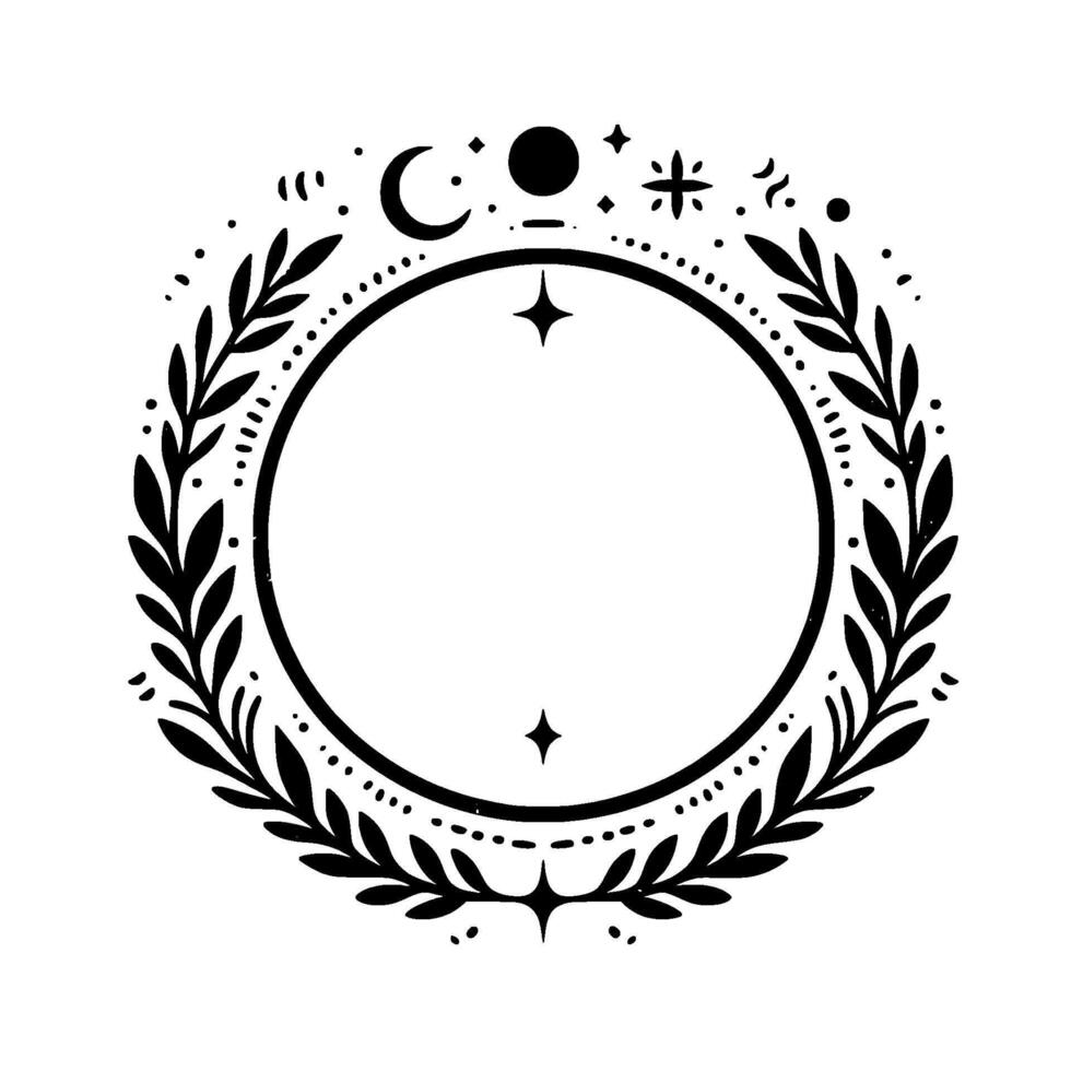 Celestial wreath a monochrome featuring crescent moon, stars, floral elements, dot details, circle frame on white background. vector