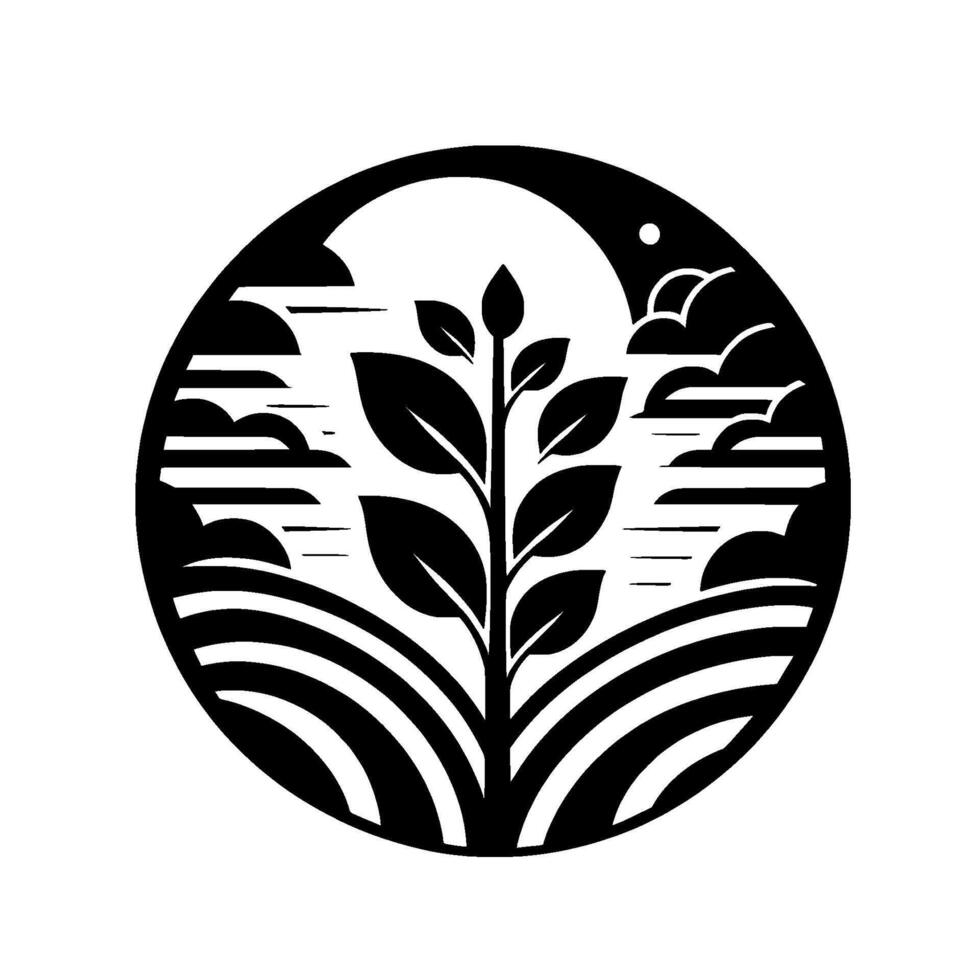 Black and white circular of a plant growing in a field, under a stylized sun and clouds, symbolizing growth and nature. vector