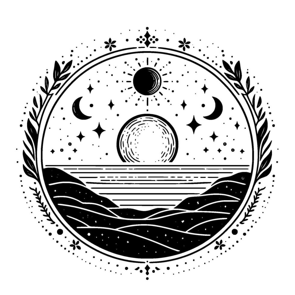 A symmetrical celestial landscape with stylized sun, moon, stars, sea, and mountains, enclosed in a circular botanical frame, in black and white. vector