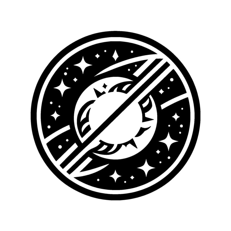 Geometric solar system design black and white circle depicting sun, moon, and stars. vector