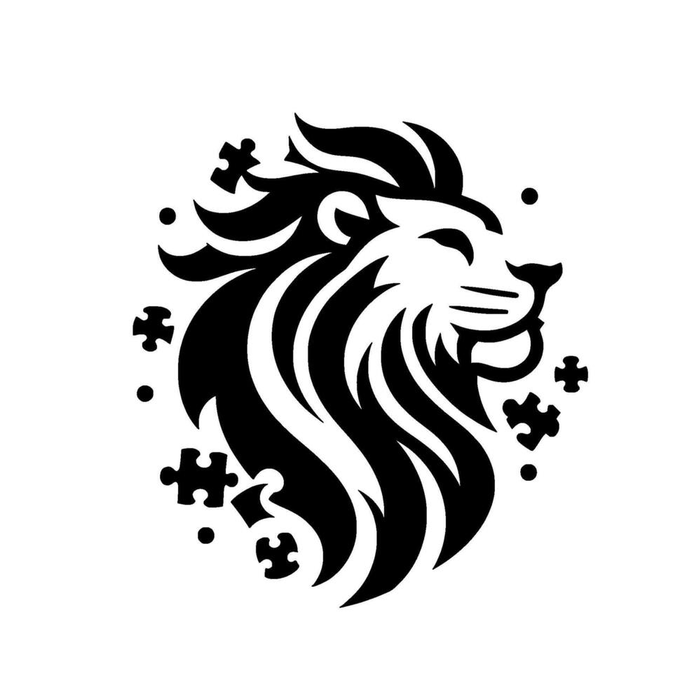 Black and white lion head logo, radiating serenity, surrounded by puzzle pieces, embodying intelligence. vector