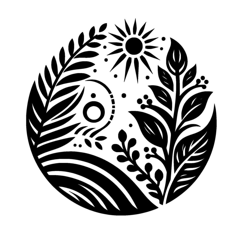 Black and white botanical illustration within a circle, featuring sun, leaves, foliage, berries, and abstract lines, a serene and stylized depiction. vector