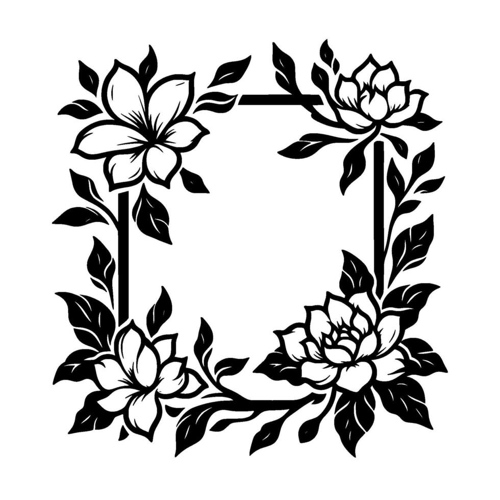 Elegant black and white floral frame with blossoms, leaves, and a geometric square on a white background. vector