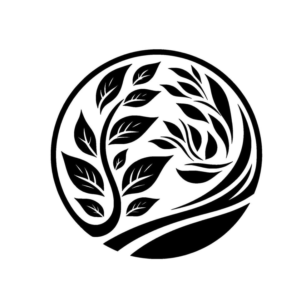 Artistic black white leafy circle with a stylized plant motif. vector