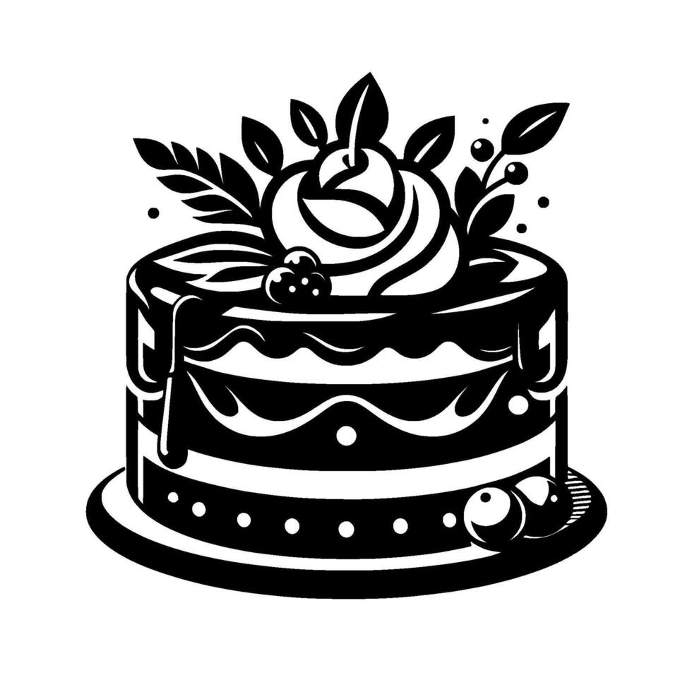 Elegant black and white cake illustration with rose, berries, and drizzled frosting, isolated on white, dessert vector