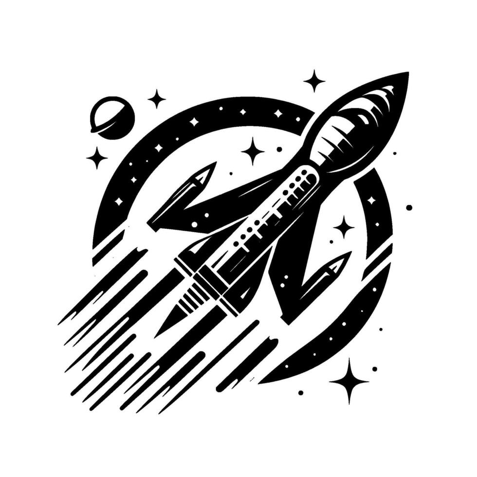 Black and white of a rocket blasting off through a space ring with stars, a planet, and smaller rocket projectiles. vector