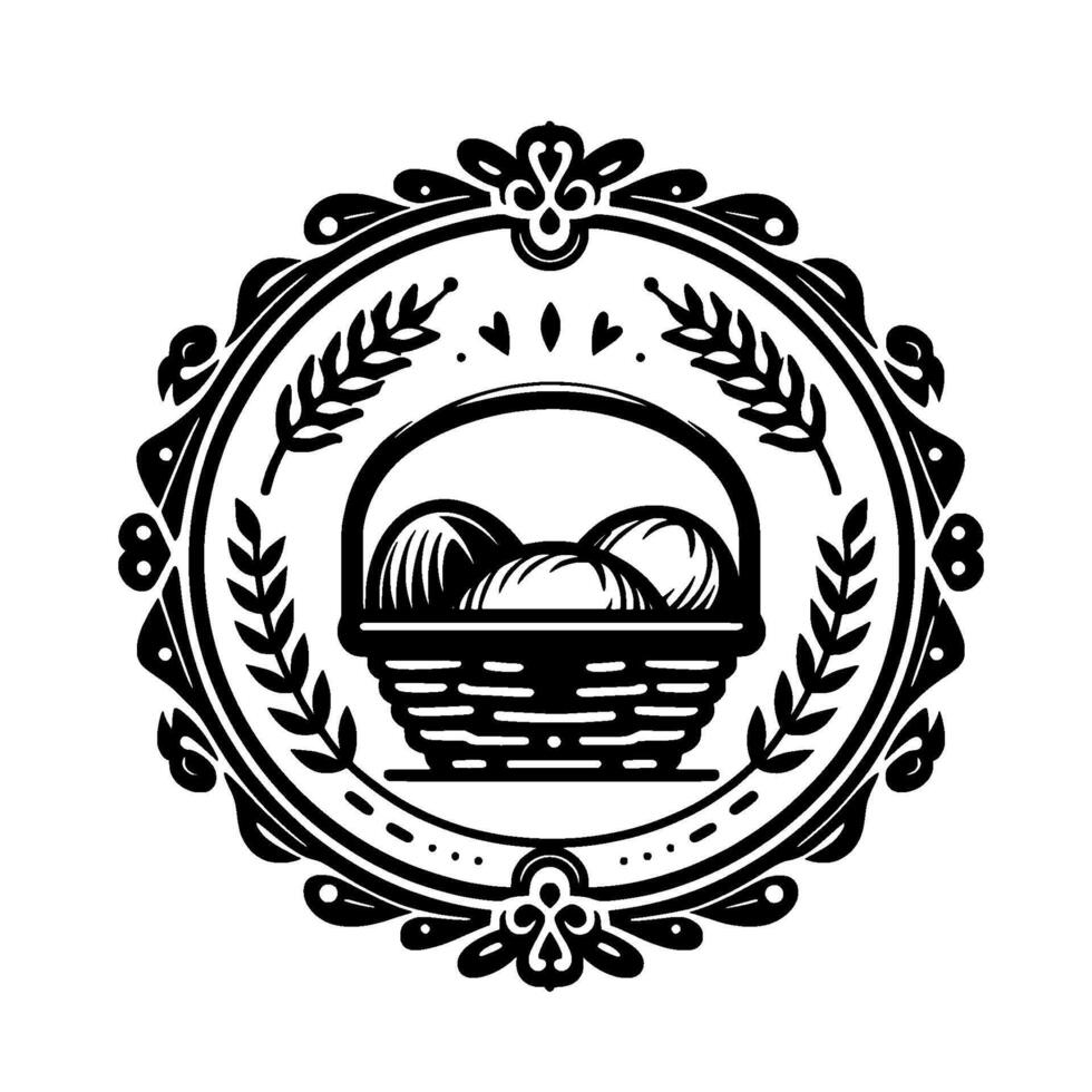 Circular monochrome emblem featuring an ornate border with wheat and floral motifs, enclosing a basket of eggs. vector