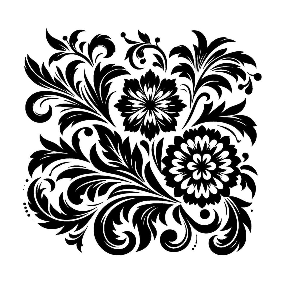 Intricate black and white floral ornament detailed, symmetrical, and flourishing pattern on white background. vector