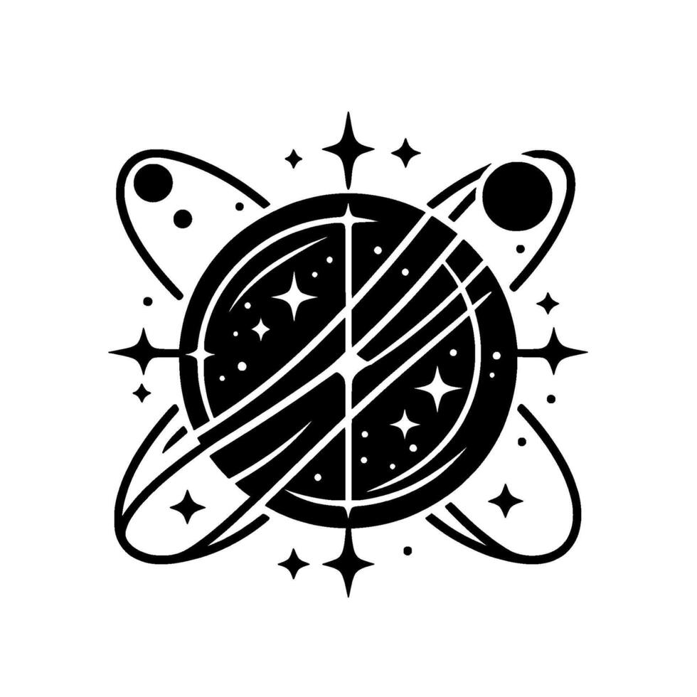 Cosmic silhouette black and white celestial art depicting planets, stars, and orbital rings vector