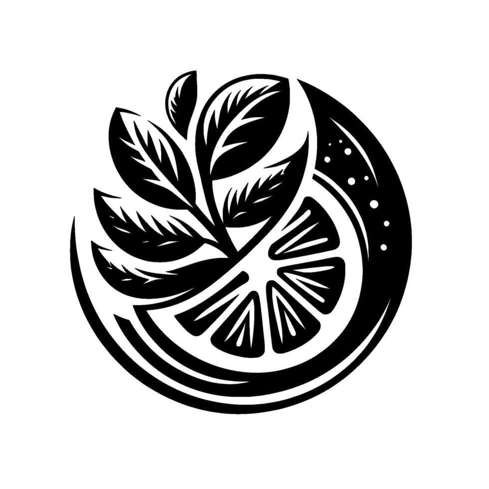 Black and white citrus logo a stylized illustration of a lemon slice with leaves, enclosed within a semicircular design, modern and elegant. vector
