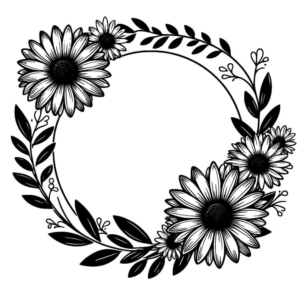 Black and white floral wreath illustration daisy flowers and leafy branch circle frame, minimalist, elegant vector