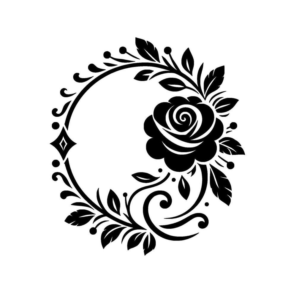 Elegant monochrome floral wreath a black rose adorned with leaves and ornate circular border on white backdrop. vector