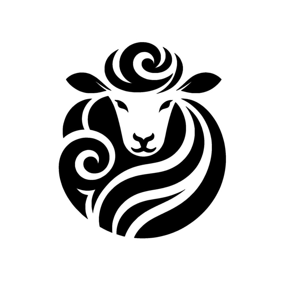 Artistic sheep logo black and white featuring curly wool and abstract facial features. vector