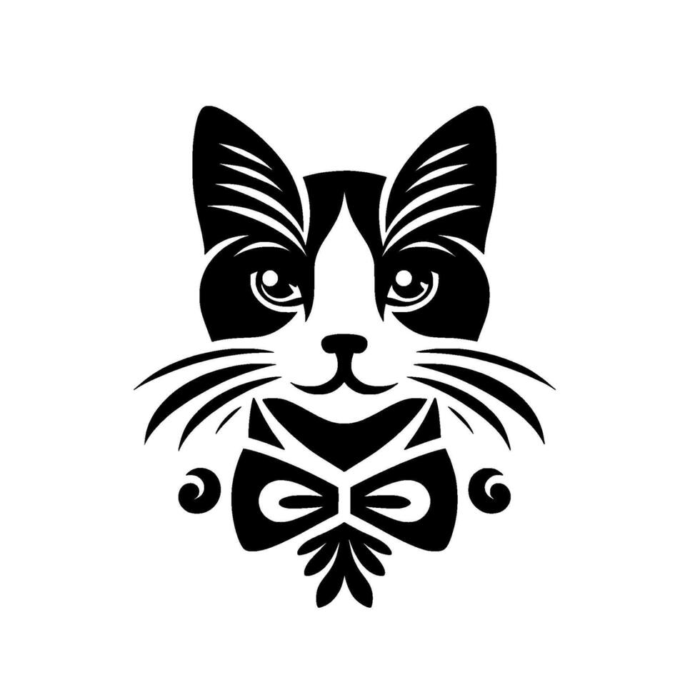 Stylized black and white cat portrait with bow tie and whiskers, artistic illustration on white background. vector
