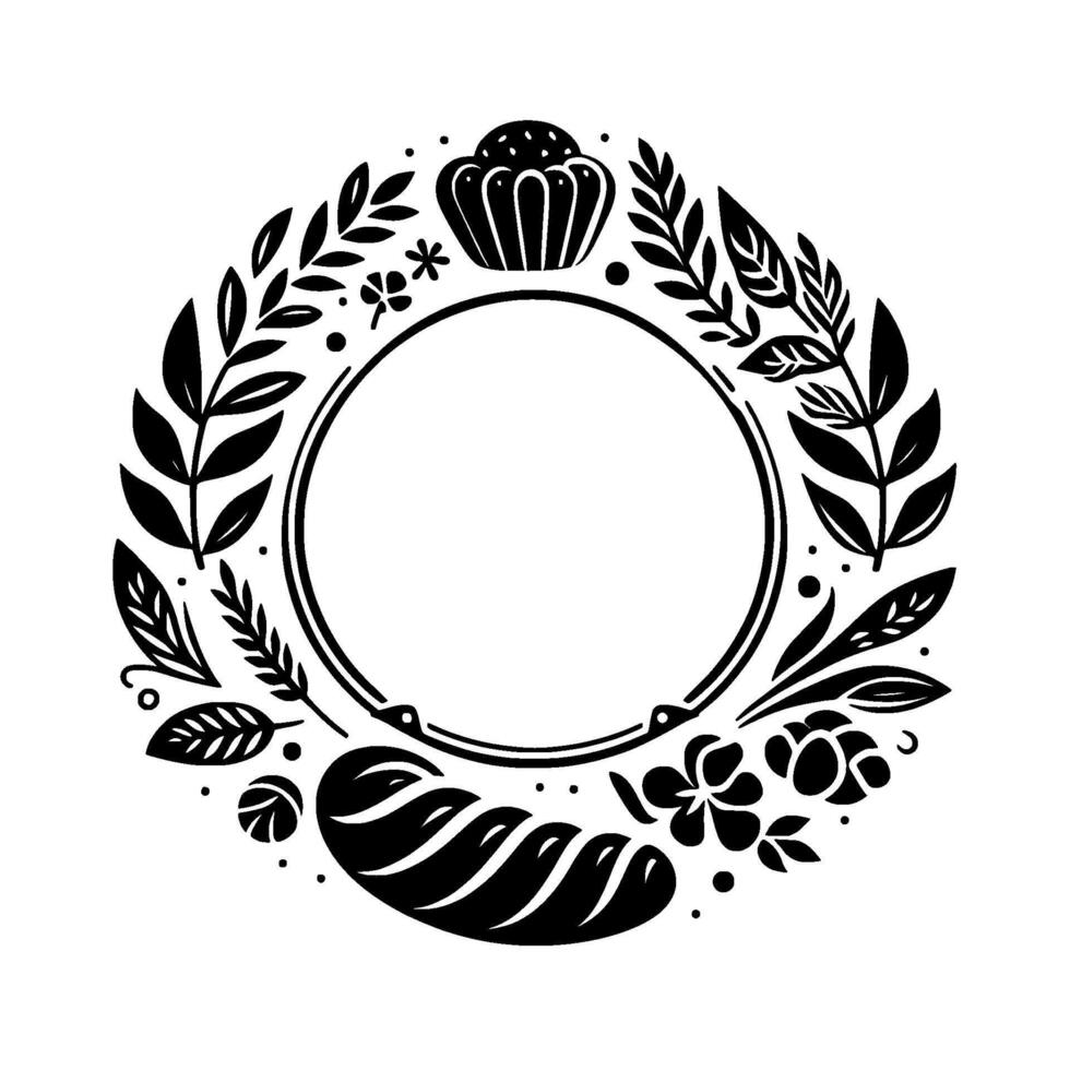 Black and white bakery wreath with bread, muffin, and botanical elements for customization. vector
