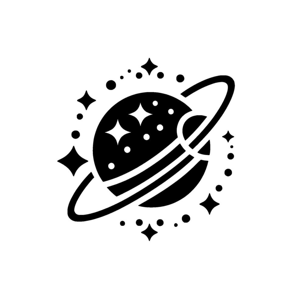 Minimalist black and white of a planet with rings, stars, and celestial orbits, on white background. vector