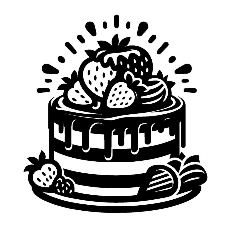 Bold black and white illustration of a layered cake with chocolate frosting, garnished with ripe strawberries, radiating a celebratory aura. vector