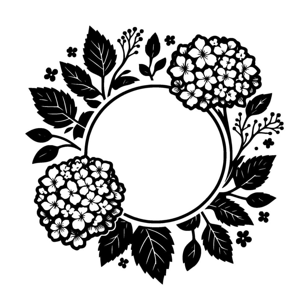 Black and white floral wreath with hydrangeas, leaves, and berries framing a blank circle, elegant botanical illustration. vector