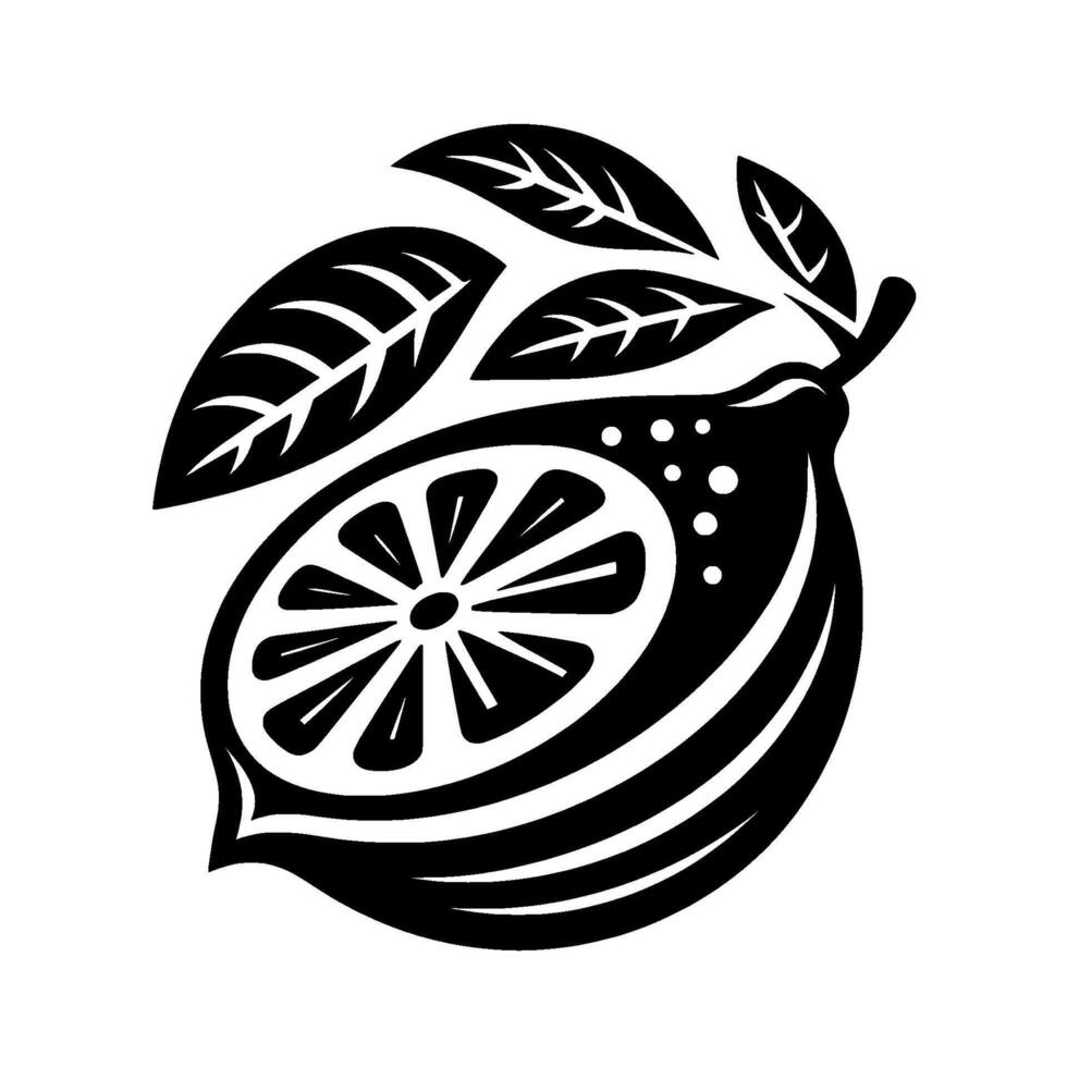 Bold black and white illustration of a sliced lemon with leaves on a white background, minimalist fruit design. vector